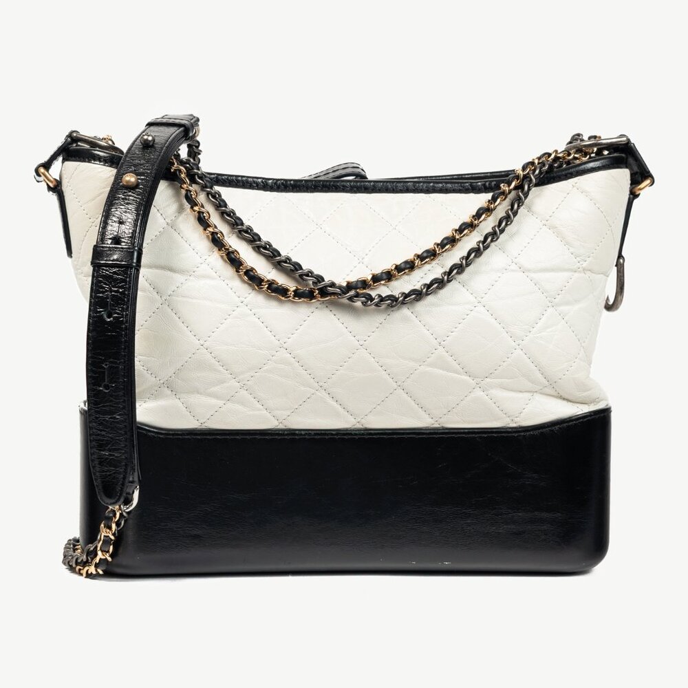 Chanel Medium Gabrielle Hobo White & Black Aged Calfskin Quilted-Leather Bag